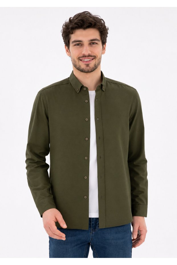 Men's Khaki Long Sleeve Basic Shirt