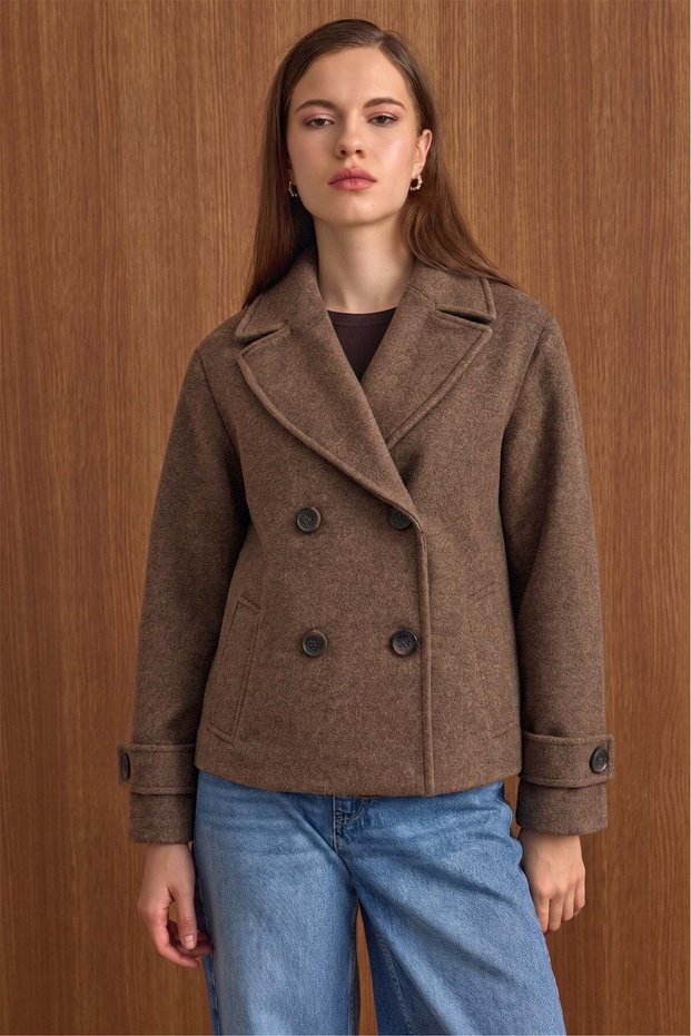 Oversized Short Coat with Jacket Collar, BROWN 3204
