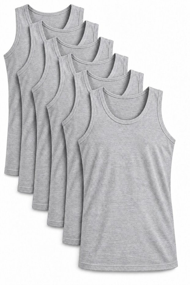 Men's 6-Piece Gray Undershirts, 100% Cotton Single Jersey Fabric Men's Undershirts with Straps
