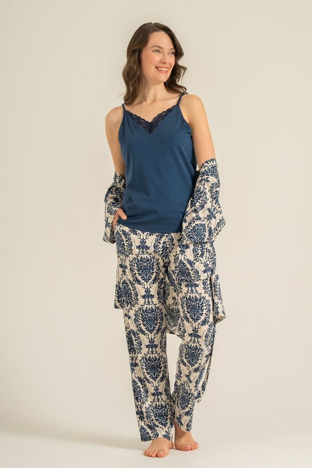Women's Navy Blue Patterned Dressing Gown Set Pc9286-S-V1