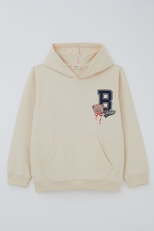 Girls' Sweatshirt with Cute Teddy Bear Print and Back Detail, Ages 8–14, Cream