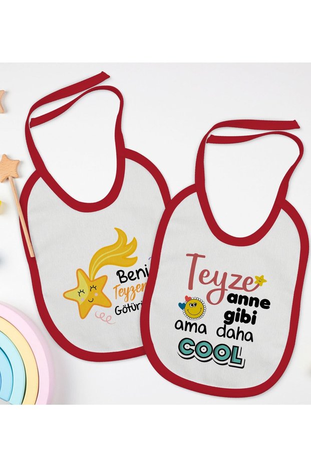BK Kids "Auntie" Design Red Baby Bib Set of 2 - 1