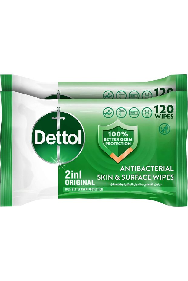 Original 2 in 1 Antibacterial Skin and Surface Wipes for 100% Better Germ Protection 120pcs (Pack of 2)
