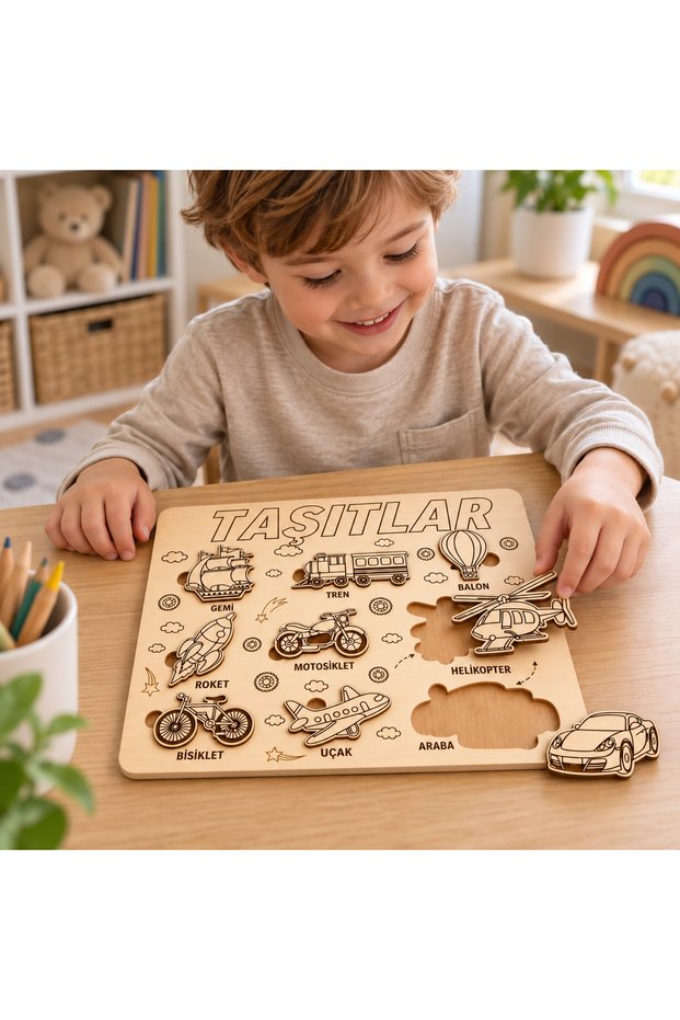 Montessori Find-and-Match Puzzle Educational Toys Matching Wooden Vehicles Puzzle Ages 2–6 Turkish
