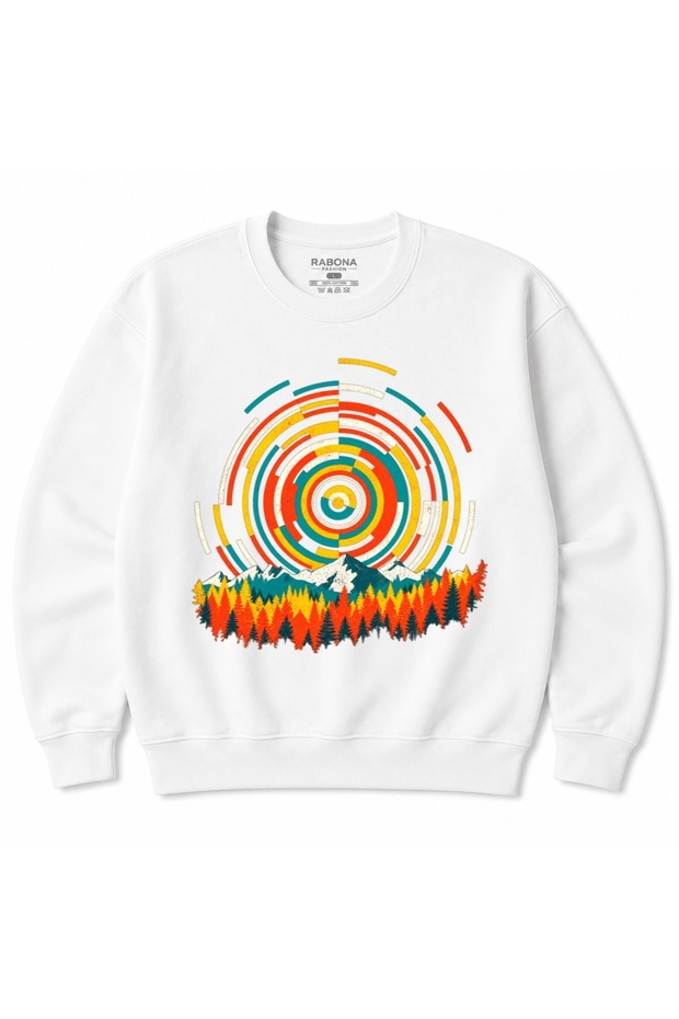 Retro Nature Frequency – Sweatshirt with Geometric Circles and Mountain and Forest Scenery