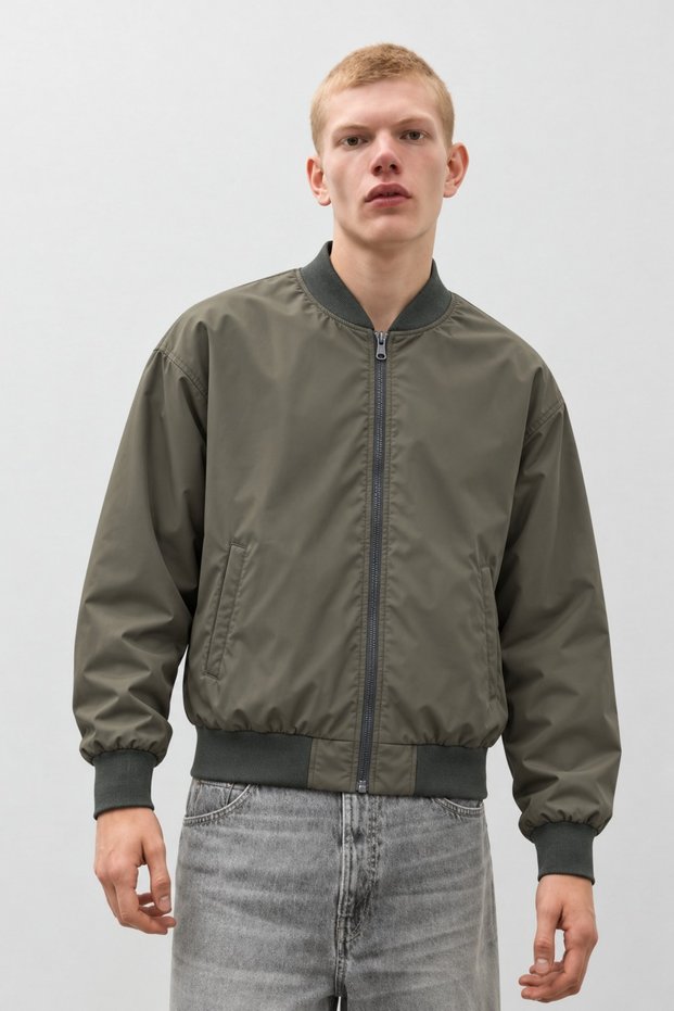 Men's Bomber Jacket with Zipper, Ribbed, Khaki, Transitional