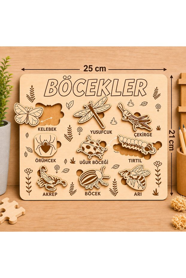 Montessori Bul Tak Wooden Insect Puzzle, Educational Toy, Shape Matching Puzzle, for Ages 2-6, Turkish.