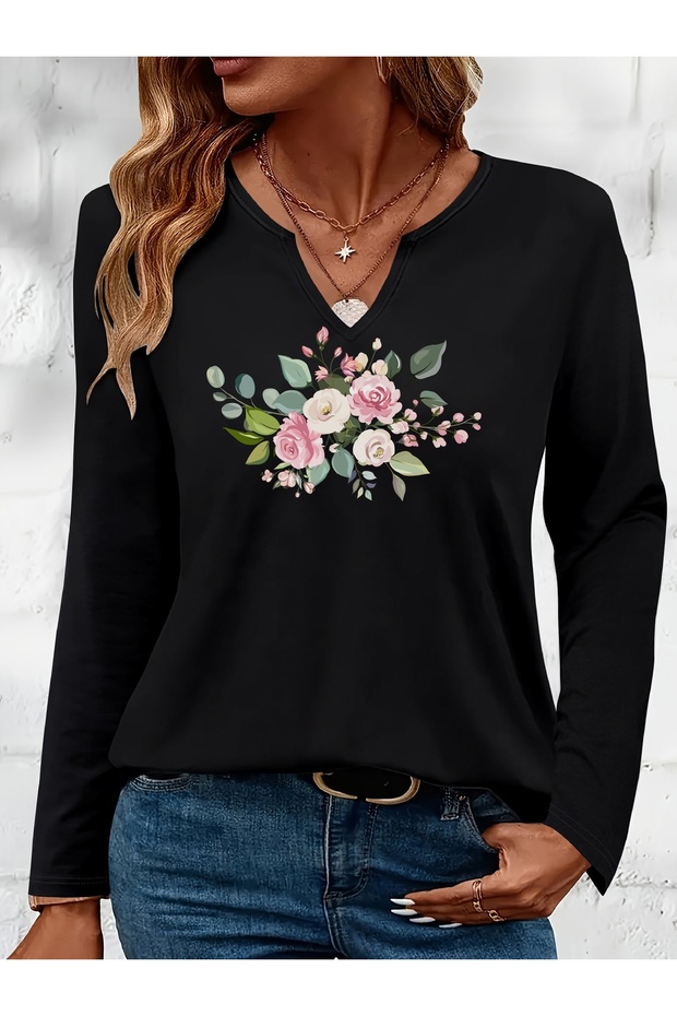Mix-Printed Cotton-Lycra Half-V-Neck Short-Sleeved Blouse