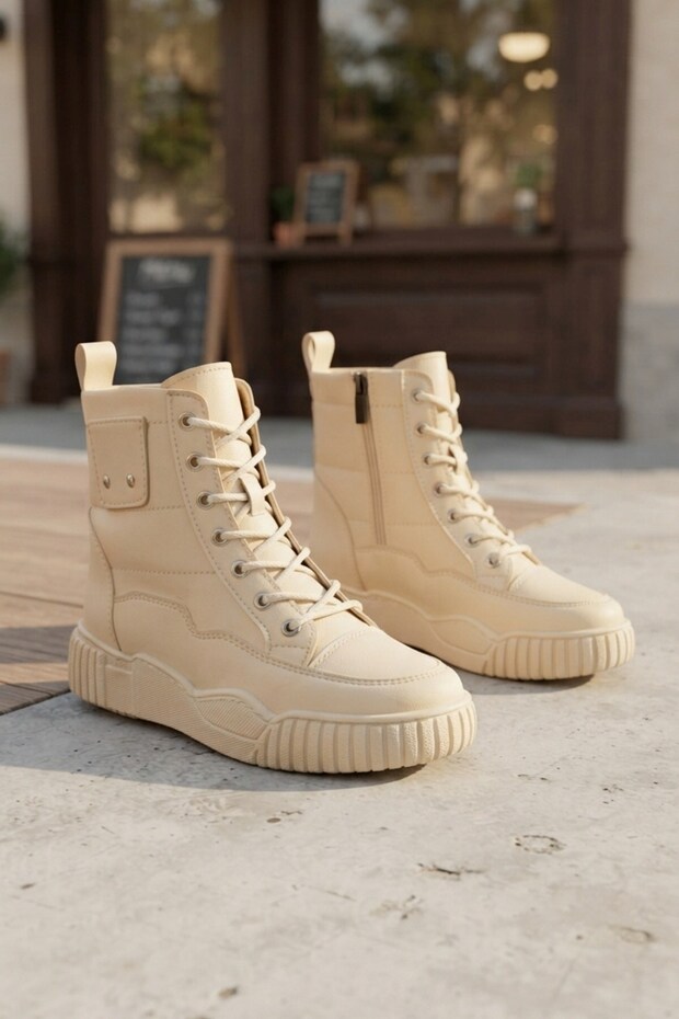 Women's Beige Casual Lace-Up Boots with Zippered Pocket Detail, Laces, and a Thick Sole