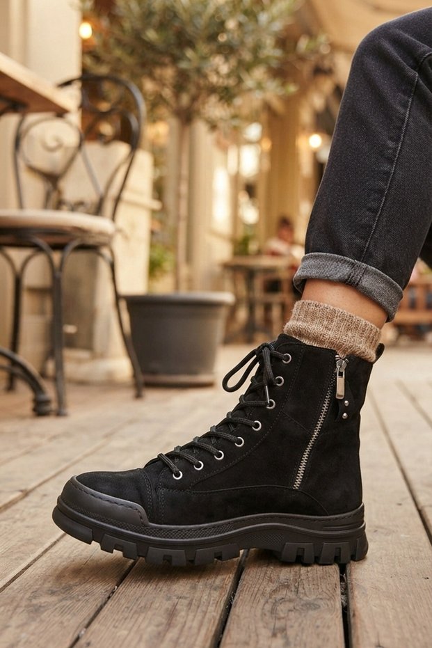 Women's Black Suede Lace-Up Casual Ankle Combat Boots with Side Zipper and Thick Sole