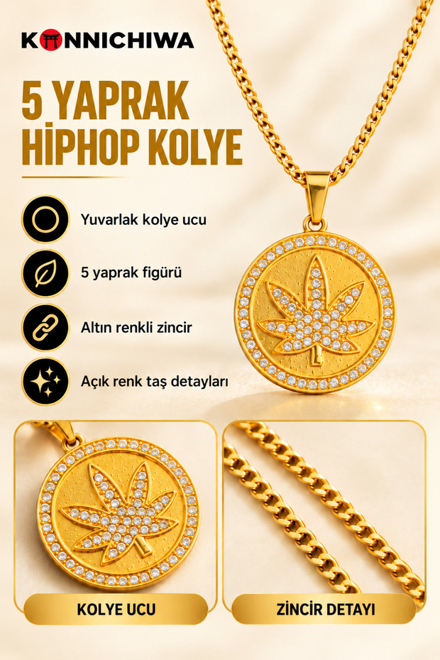 5-Leaf Figurine Hip Hop Necklace, Gold-Colored, with Stone Details. 🔥 Reflect Your Street Style, Show Off Your Difference! 🔥