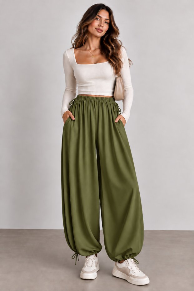 Women's Casual Shalwar Trousers with Elastic Waist and Laces