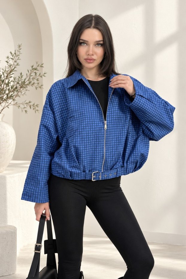 Women's Bomber Jacket Oversize Short Belted Long Sleeve Zipper Shirt Collar Drop Shoulder Checkered Jacket Mo