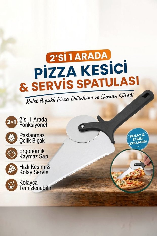 2-in-1 Pizza Cutter and Serving Spatula, Pizza Slicing and Serving Shovel with Roulette Blade.