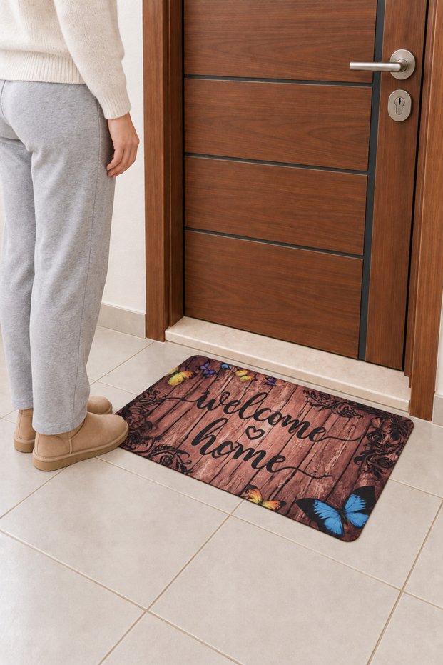 Welcome Home Butterfly Pattern Type 2 Doormat - Digitally Printed, Non-Slip Base for Placing in Front of the Door.