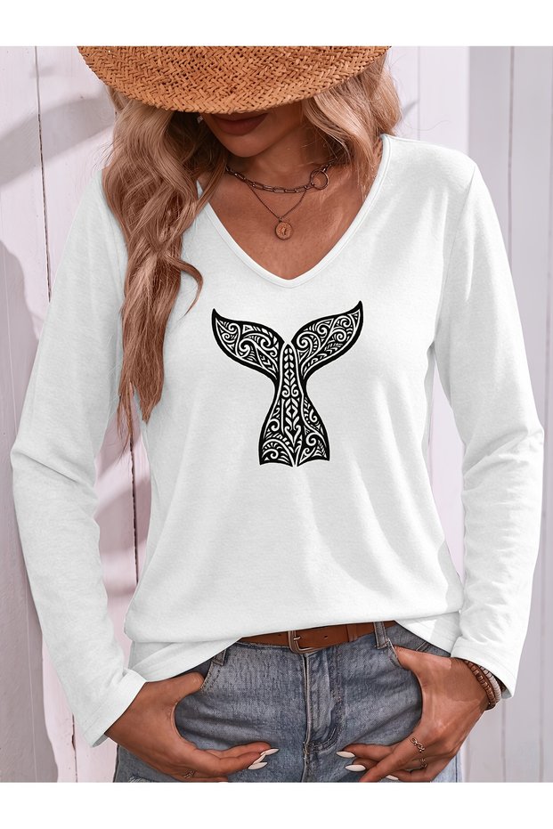 Mix Printed V-Neck Cotton Lycra Long Sleeve Regular Fit Blouse T-Shirt