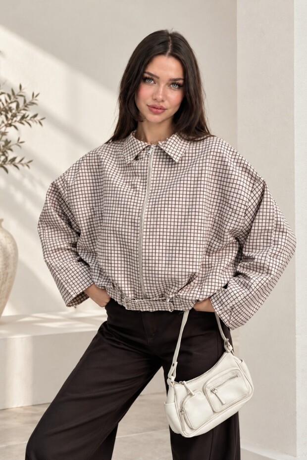 Women's Bomber Jacket Oversize Short Belted Long Sleeve Zipper Shirt Collar Drop Shoulder Checkered Jacket Mo