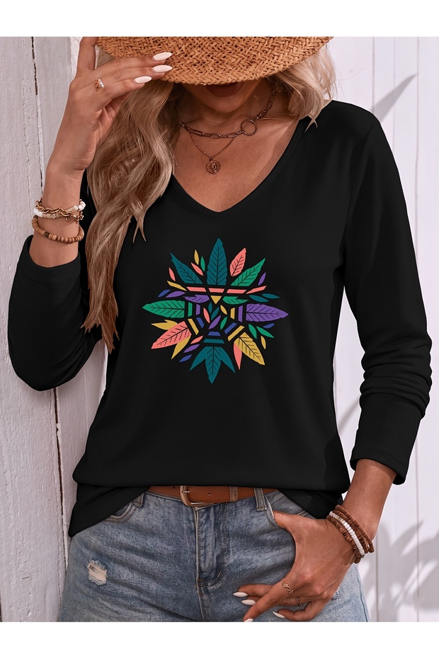 Mix Printed V-Neck Cotton Lycra Long Sleeve Regular Fit Blouse T-Shirt