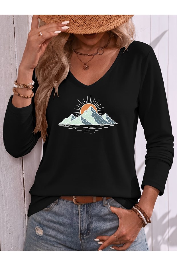 Mix Printed V-Neck Cotton Lycra Long Sleeve Regular Fit Blouse T-Shirt