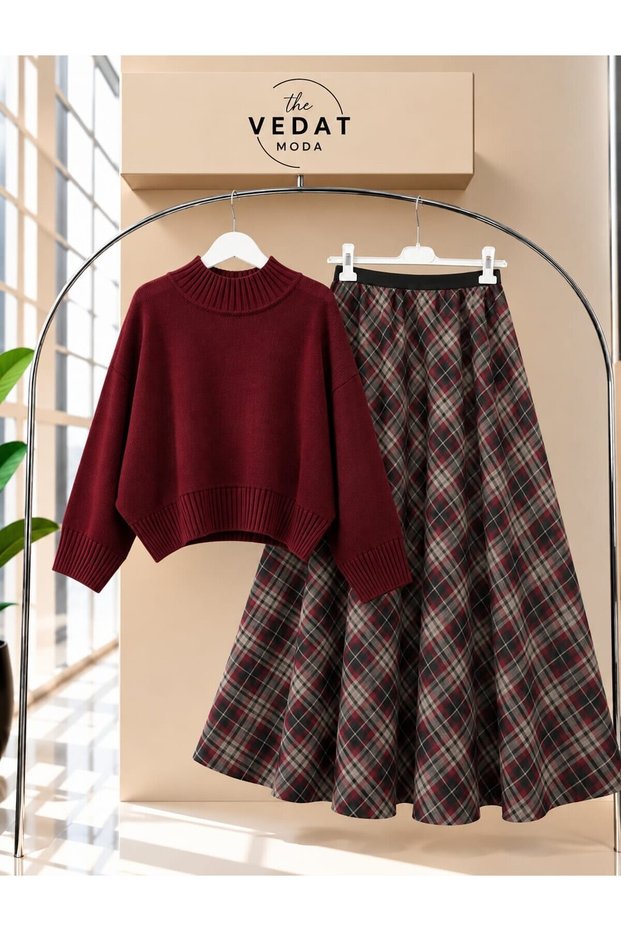 Women's Plaid Skirt and Knit Blouse Set -0650 Burgundy