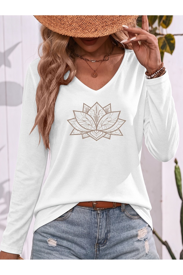 Mix Printed V-Neck Cotton Lycra Long Sleeve Regular Fit Blouse T-Shirt