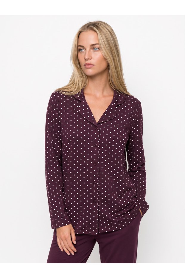 Women's Long-Sleeved Pajama Set with Full Buttons on the Front, Dot Pattern
