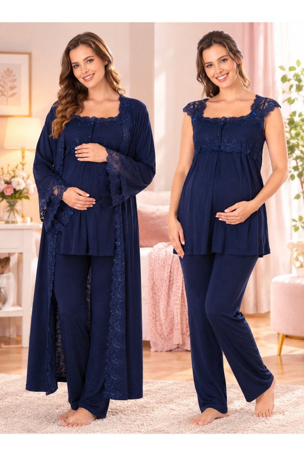 Effortt Maternity Pajama Set with Robe, Nursing Features, and Adjustable Design.