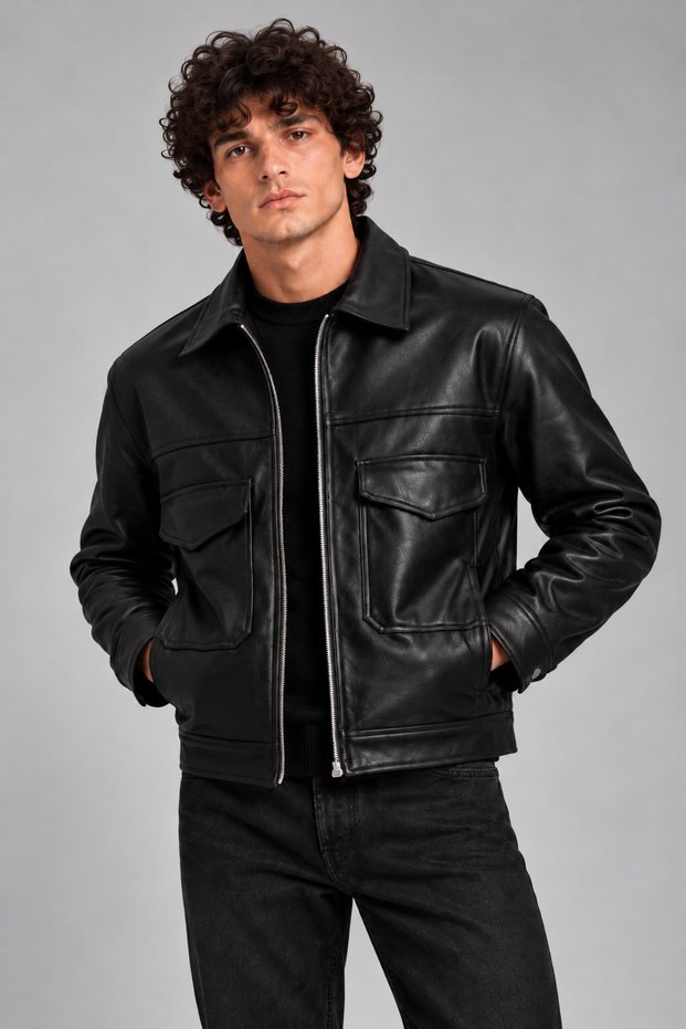 Men's Black, Oversized Faux Leather Jacket – with a Hood, Double Chest Pockets, Zipper Closure, and Lined Interior – Modern Jacket.
