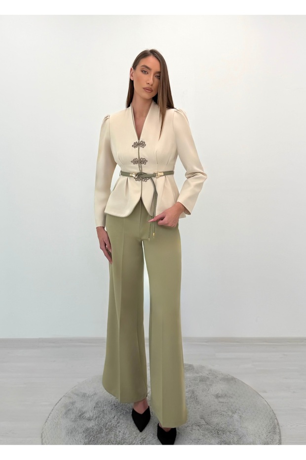 Avelina Belted Blazer with Belt Detail and Contrast Trimming, Paired with Pants—Cream and Light Khaki Suit