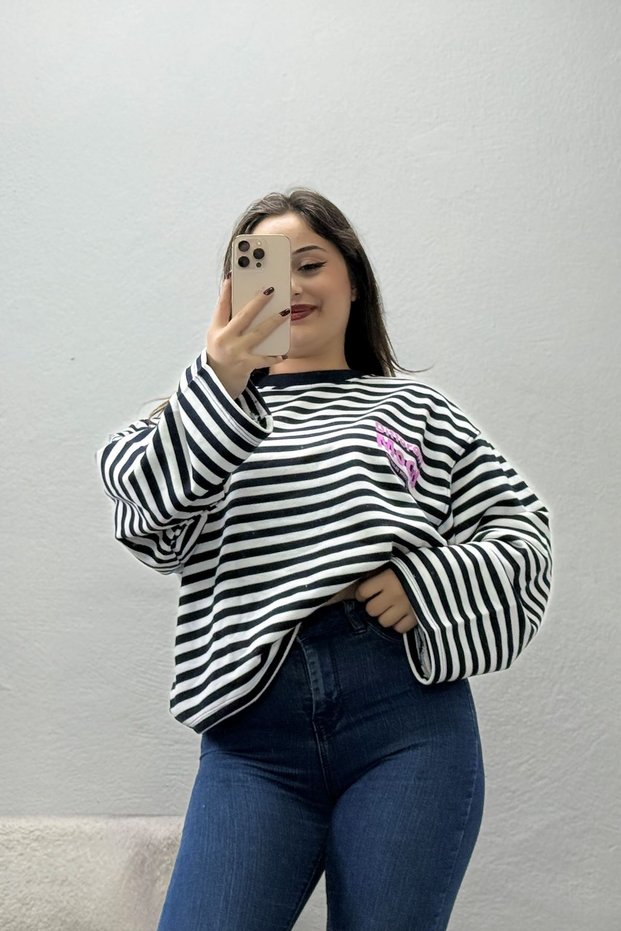 Women's 2-Thread Striped Printed Sweatshirt, Light Blue.