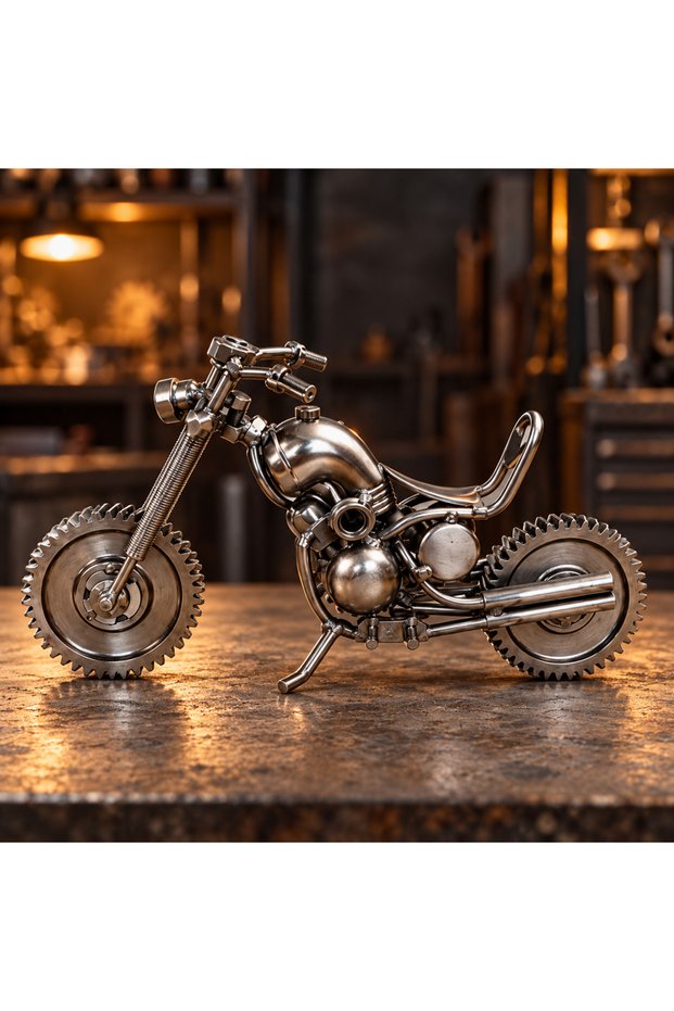 Decorative Metal Motorcycle Figurine – Handcrafted-Looking, Retro Motorcycle Tabletop Ornament with Gears and Wheels.