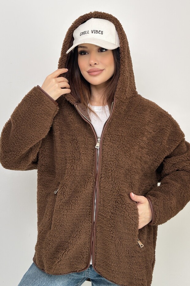Women's Hooded Plush Teddy Coat, Oversized, with Zipper and Pockets, Soft Texture, Winter Jacket.