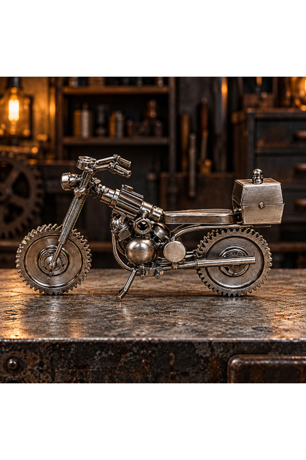 Decorative Metal Motorcycle Figurine – Handcrafted-Looking, Retro Motorcycle Tabletop Ornament with Gears and Wheels.