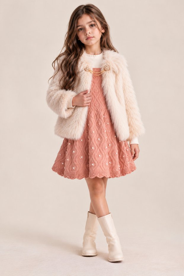 Girls' 3-Piece Knit Dress, Fur Jacket, and Blouse Winter Set for Weddings and Special Occasions.