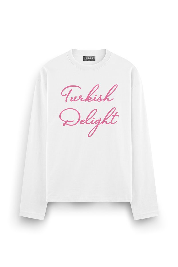 Turkish Delight Printed Long-Sleeve Oversized T-Shirt, White.