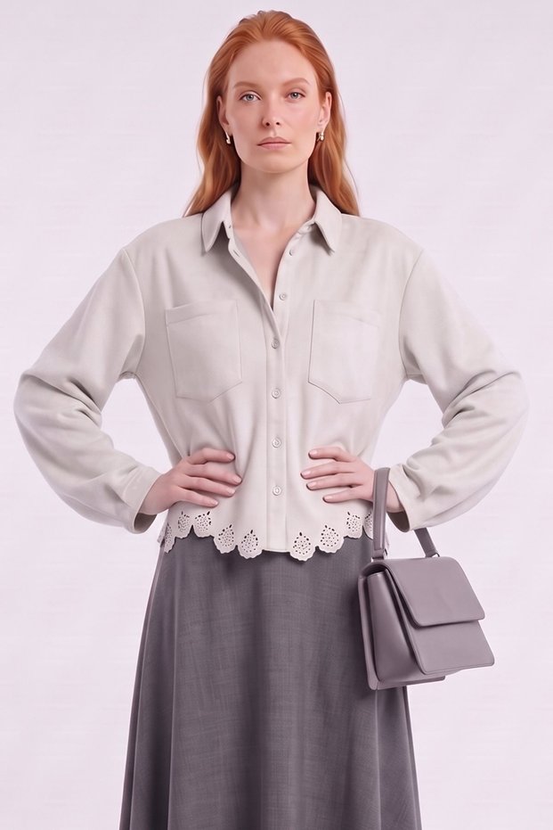 Laser Cut Suede Blouse, Grey.