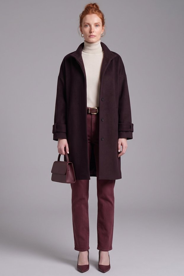 Wool Coat with Scarf, Plum Color.
