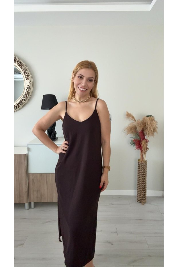Askılı Krep Elbise Kahve