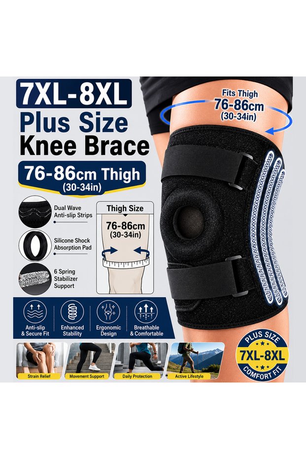 black Plus Size Knee Brace XL-8XL, Extra Large Adjustable Knee Support with Patella Stabilizer, Comp