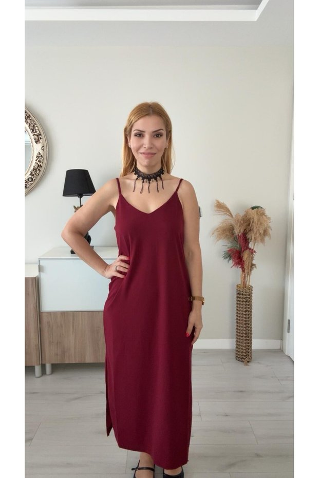 Askılı Krep Elbise Bordo