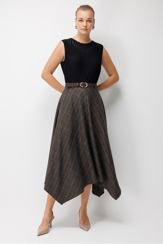 Arched Asymmetrical Cut Plaid Skirt, Brown.