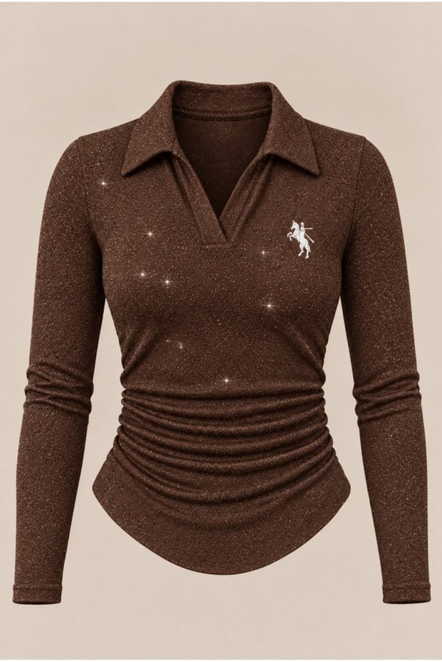 Polo Collar Blouse with Silver Embroidery and Ruffled Details