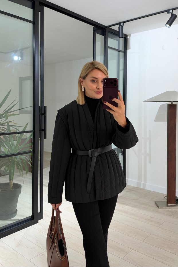 Premium Series Belted Black Quilted Coat/Vest