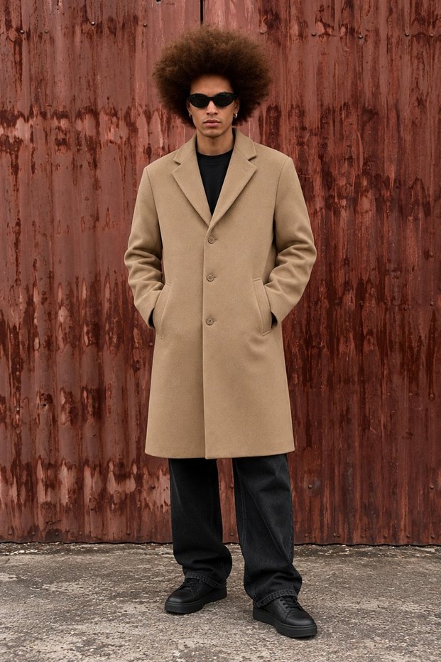 Men's Classic Collar Button-Down Winter Cashmere Camel Coat.