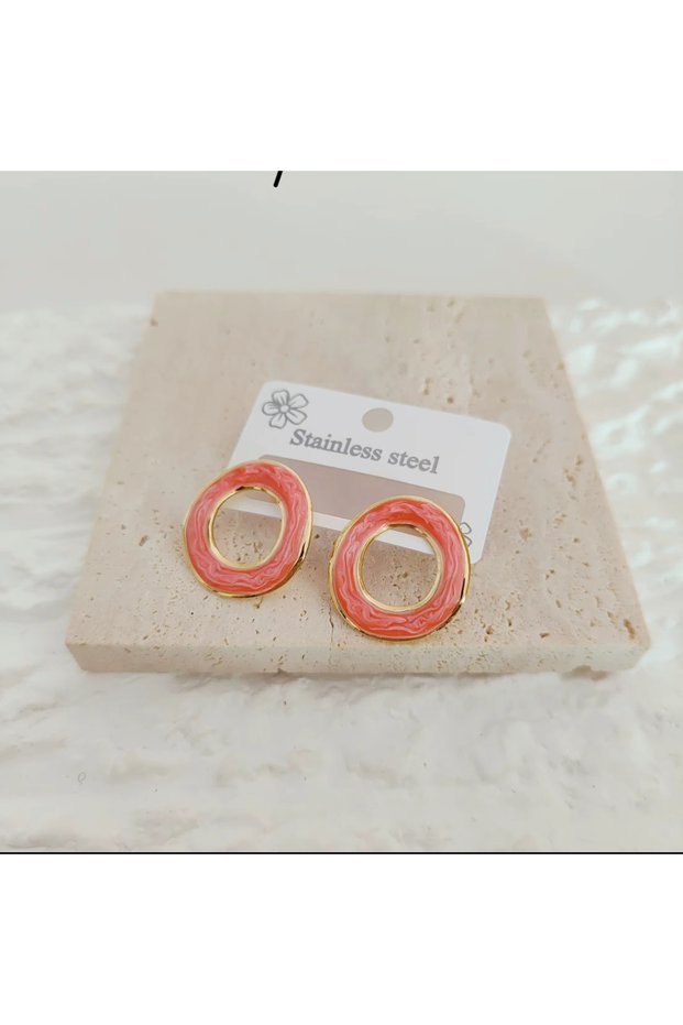 Steel Earrings - Dark Pink Round Earrings