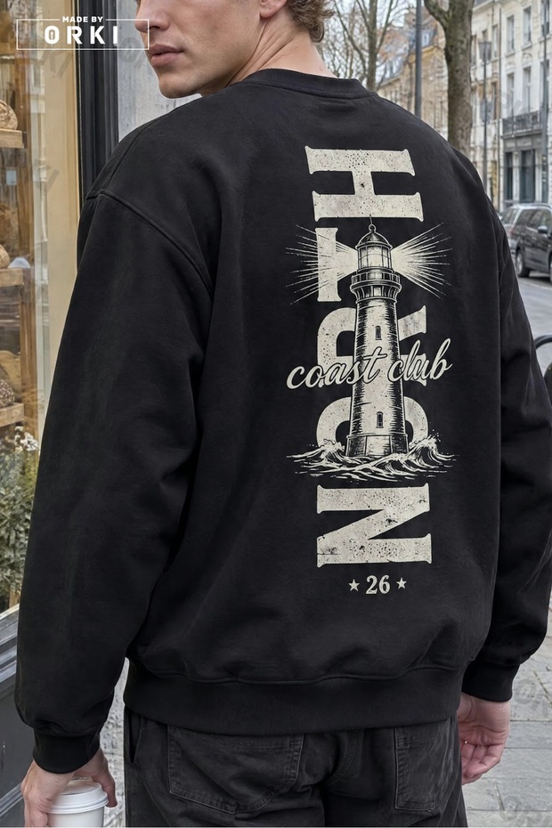 Deniz Lighthouse and Beach Club Printed Black Unisex Oversized Sweatshirt.