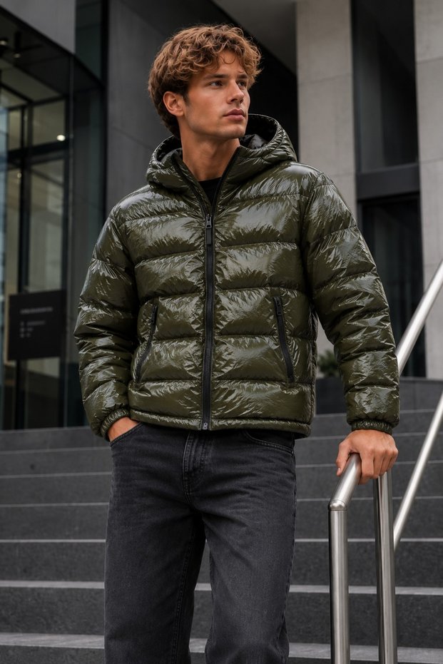 Men's Hooded Shiny Winter Casual Khaki Jacket