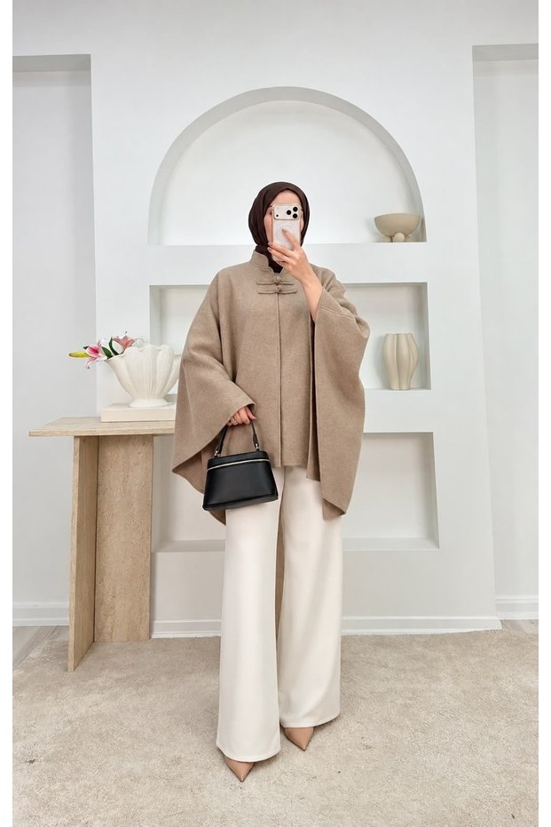 High-Neck Poncho with Chinese Button Detail - 6199 - Light Taupe (Ös)