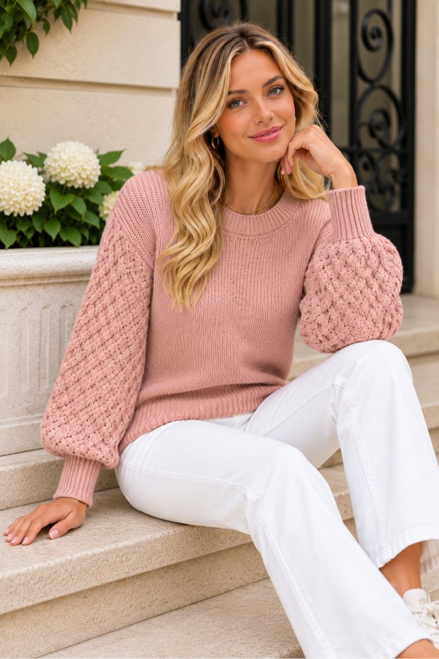 Women's Round Neck Long Sleeve Balloon Sleeve Hair Braid Loose Elegant Chic Powder Knit Sweater