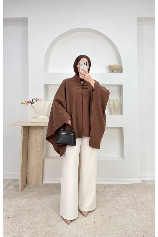 High-Neck Poncho with Chinese Button Detail - 6199 - Coffee (Ös)
